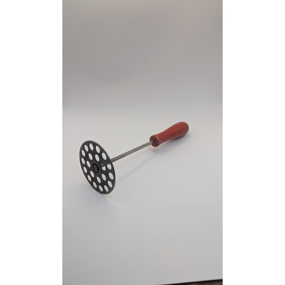 Vintage Potato Masher Red Wood Handle Primitive Metal Kitchen Tool 9 Inch Rustic